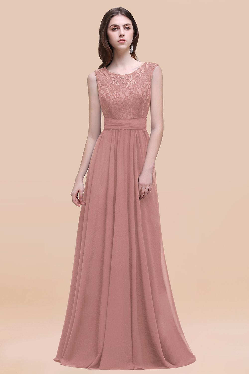 Elegant A-line Chiffon Lace Scoop Sleeveless Floor Length Bridesmaid Dress