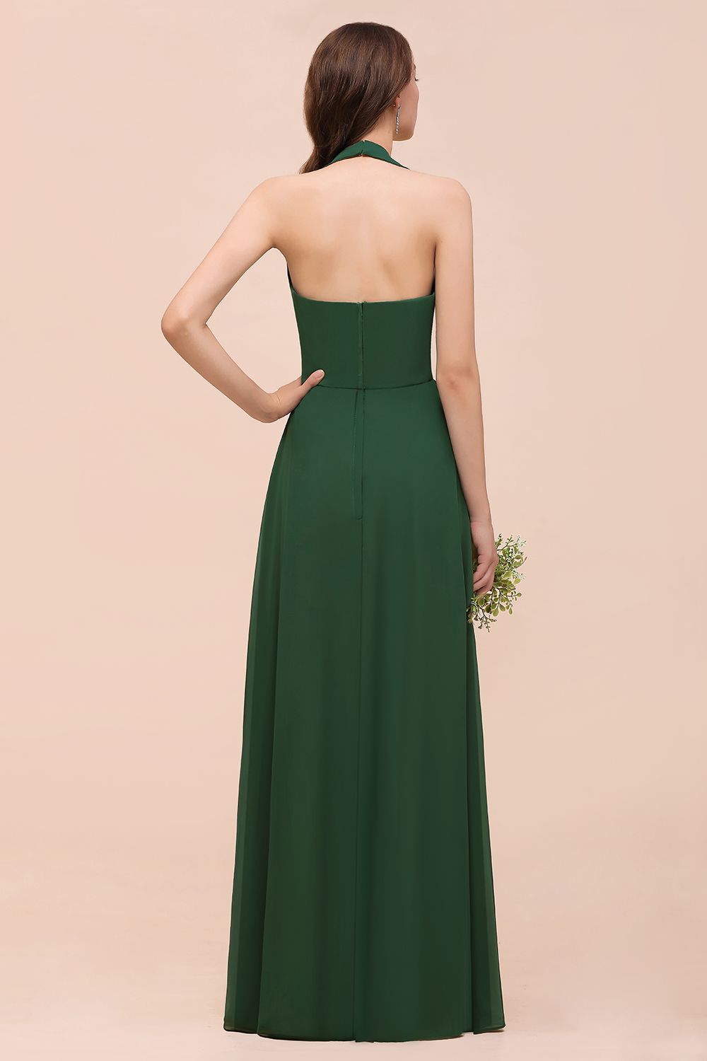 Elegant Halter Deep V-neck A-line Chiffon Bridesmaid Dress With Crystal Embellishment