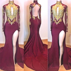 Burgundy Long Mermaid High Neck Gold Appliques Open Back Prom Dress with Slit