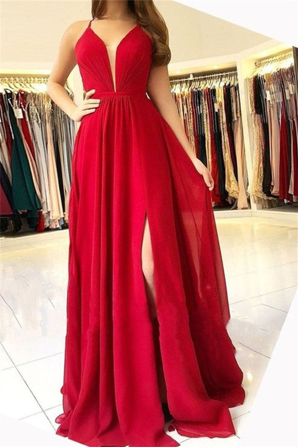 Long Chiffon Halter Split Front A-line Prom Dress