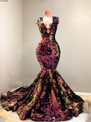 Long Mermaid Charming Sequins V-neck Sleeveless Prom Dresses