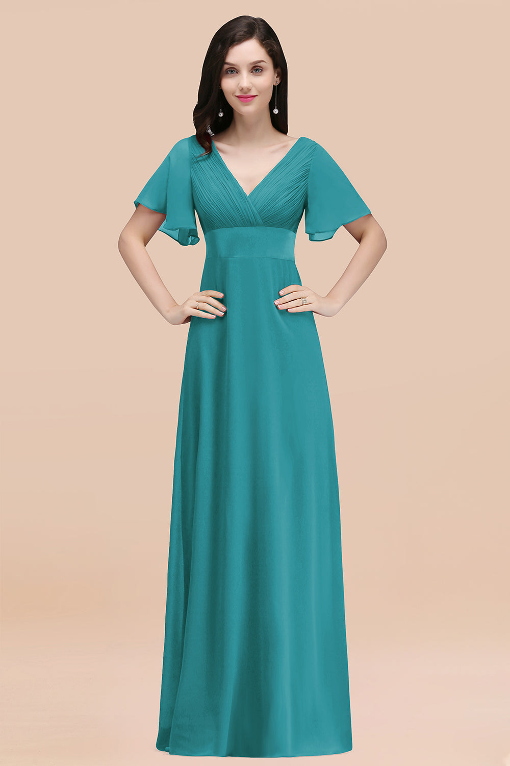 Simple A-Line Chiffon V-Neck Short Sleeves Ruffles Floor Length Bridesmaid Dresses