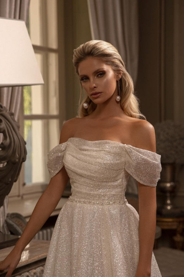 Modern Glitter Long A-line Off the Shoulder Wedding Dresses