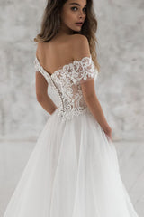 Elegant Long A-line Off the Shoulder Appliques Tulle Wedding Dress with Short Sleeve