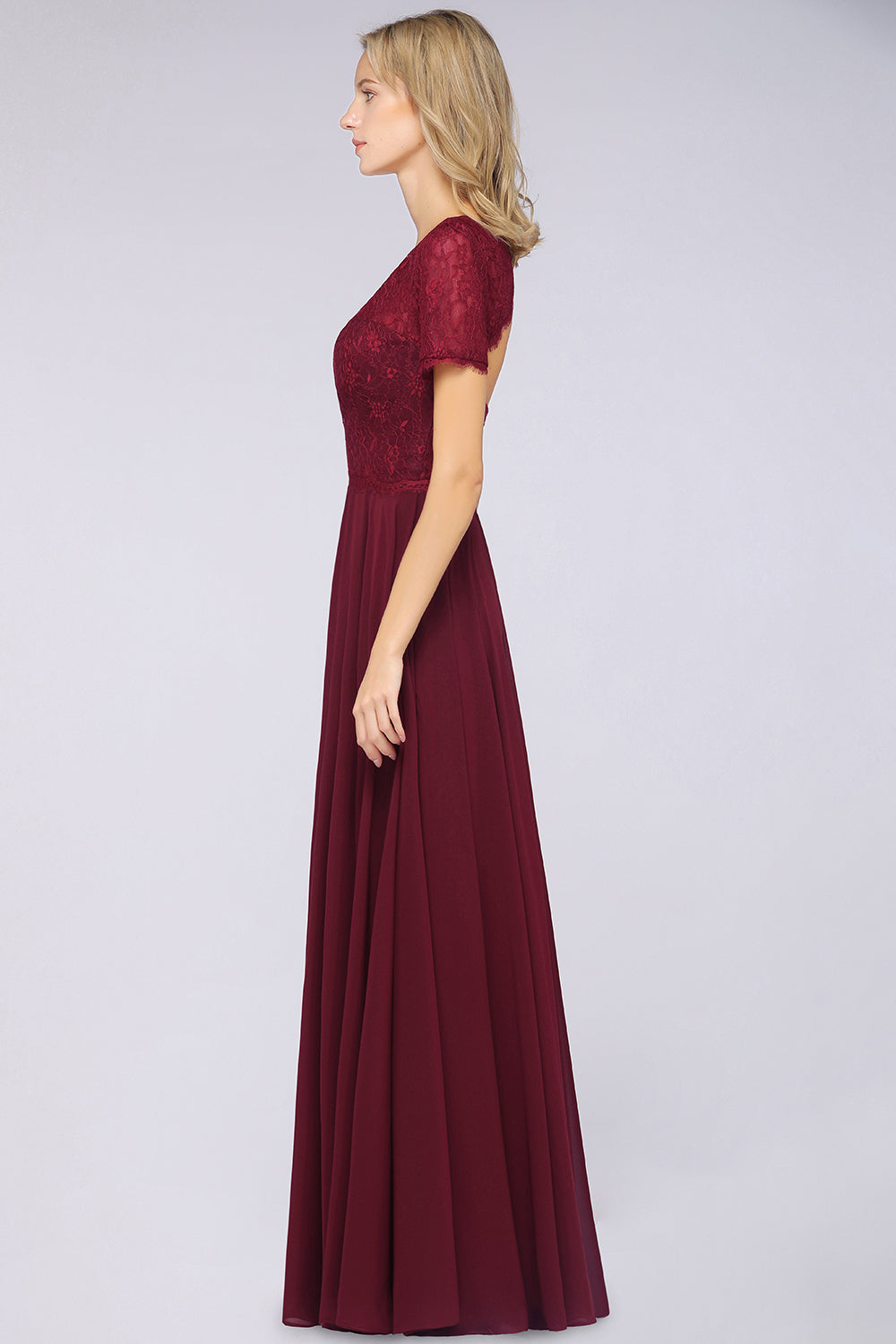 A-Line Chiffon Lace Round-Neck Short Sleeves Floor Length Bridesmaid Dress