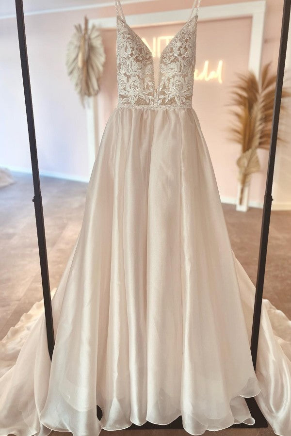 Gorgeous Long A-line V-neck Satin Lace Backless Wedding Dresses