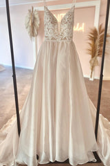 Gorgeous Long A-line V-neck Satin Lace Backless Wedding Dresses