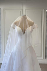 Long Off The Shoulder V-Neck Simple A-Line White Satin Wedding Dress