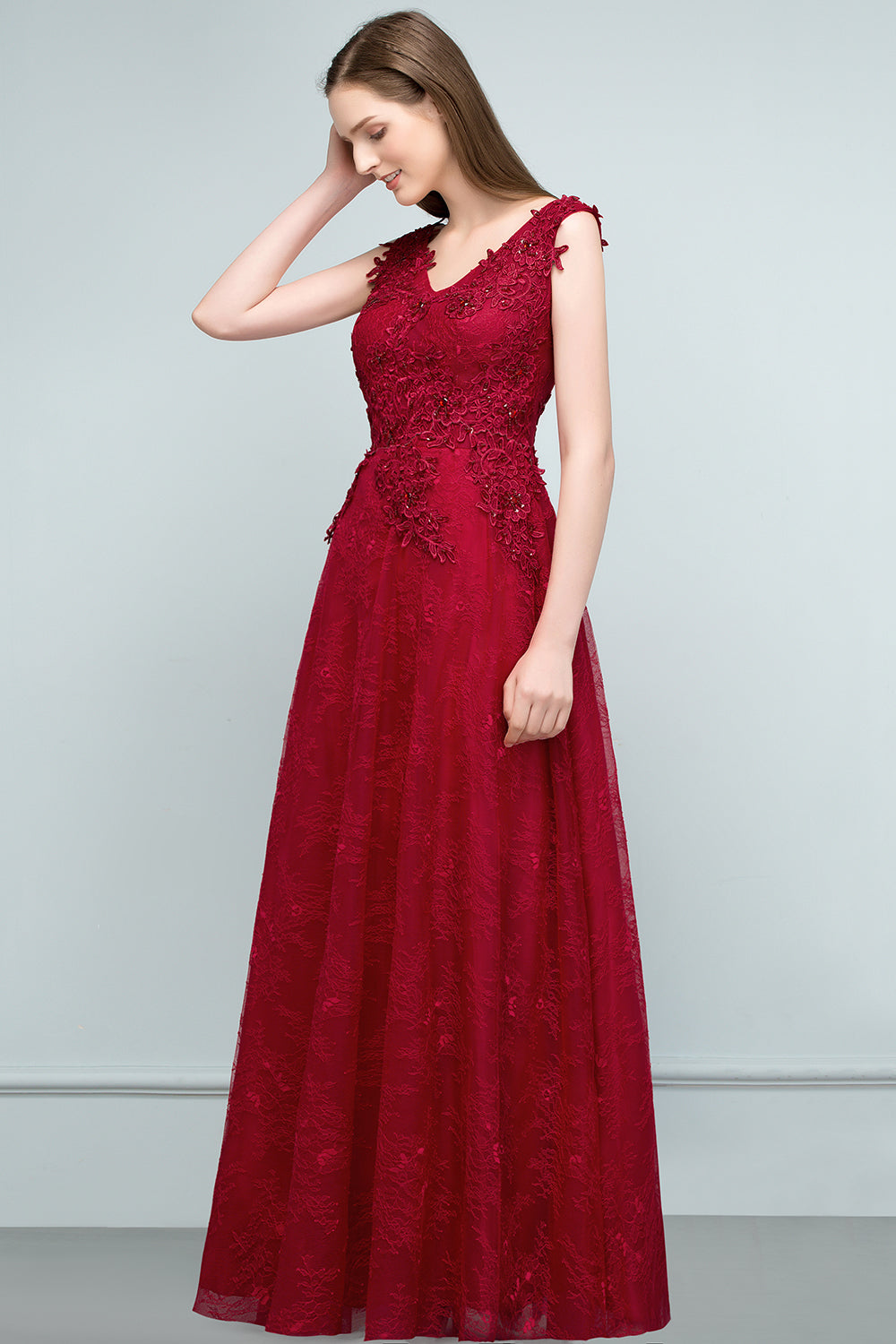 Long V-neck Tulle Lace A-line Evening Formal Dress