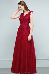 Long V-neck Tulle Lace A-line Evening Formal Dress