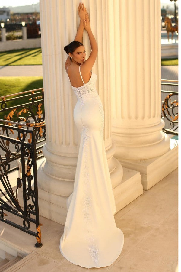 Elegant Long Mermaid Spaghetti Straps Lace Satin Wedding Dresses