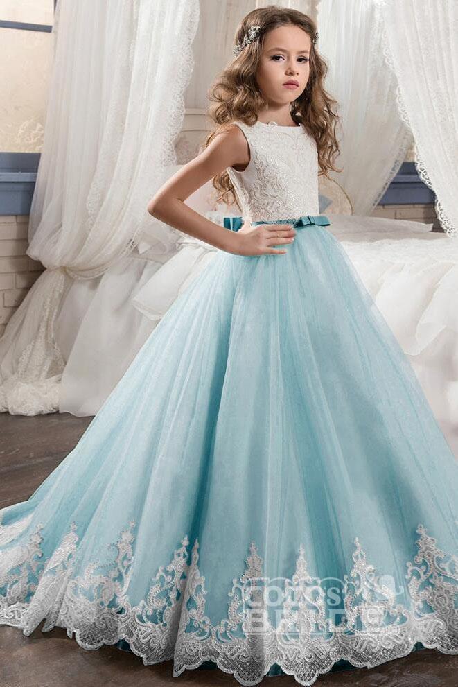 Long Tulle Scoop Neck Sleeveless Ball Gown Flower Girl Dress