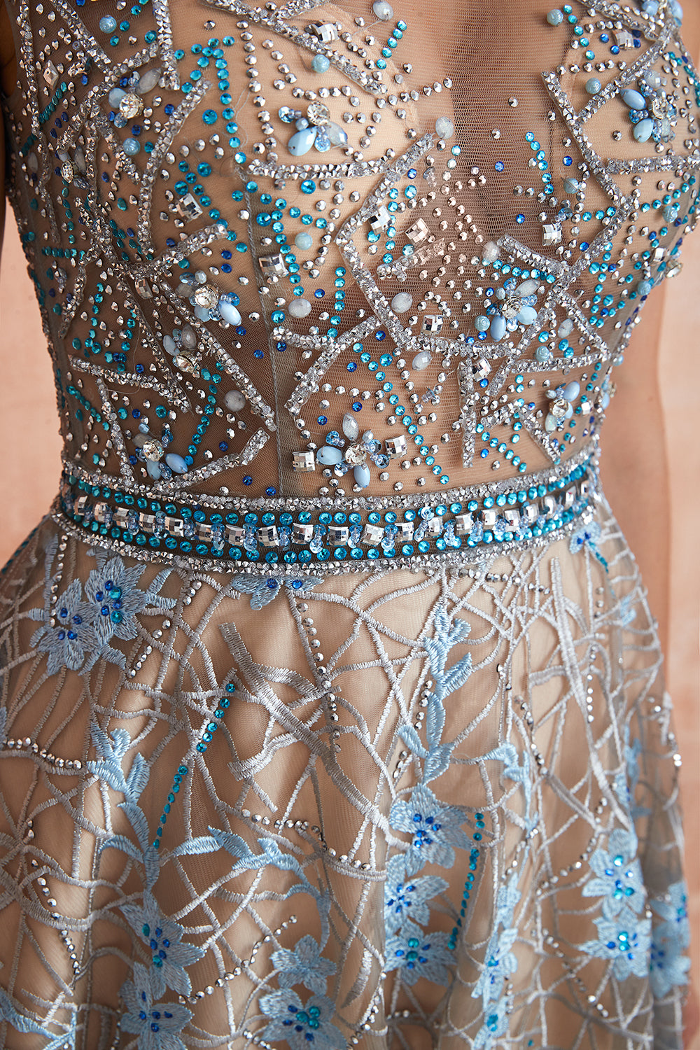 Long Jewel Lace A-line Tulle Lace Formal Evening Dress