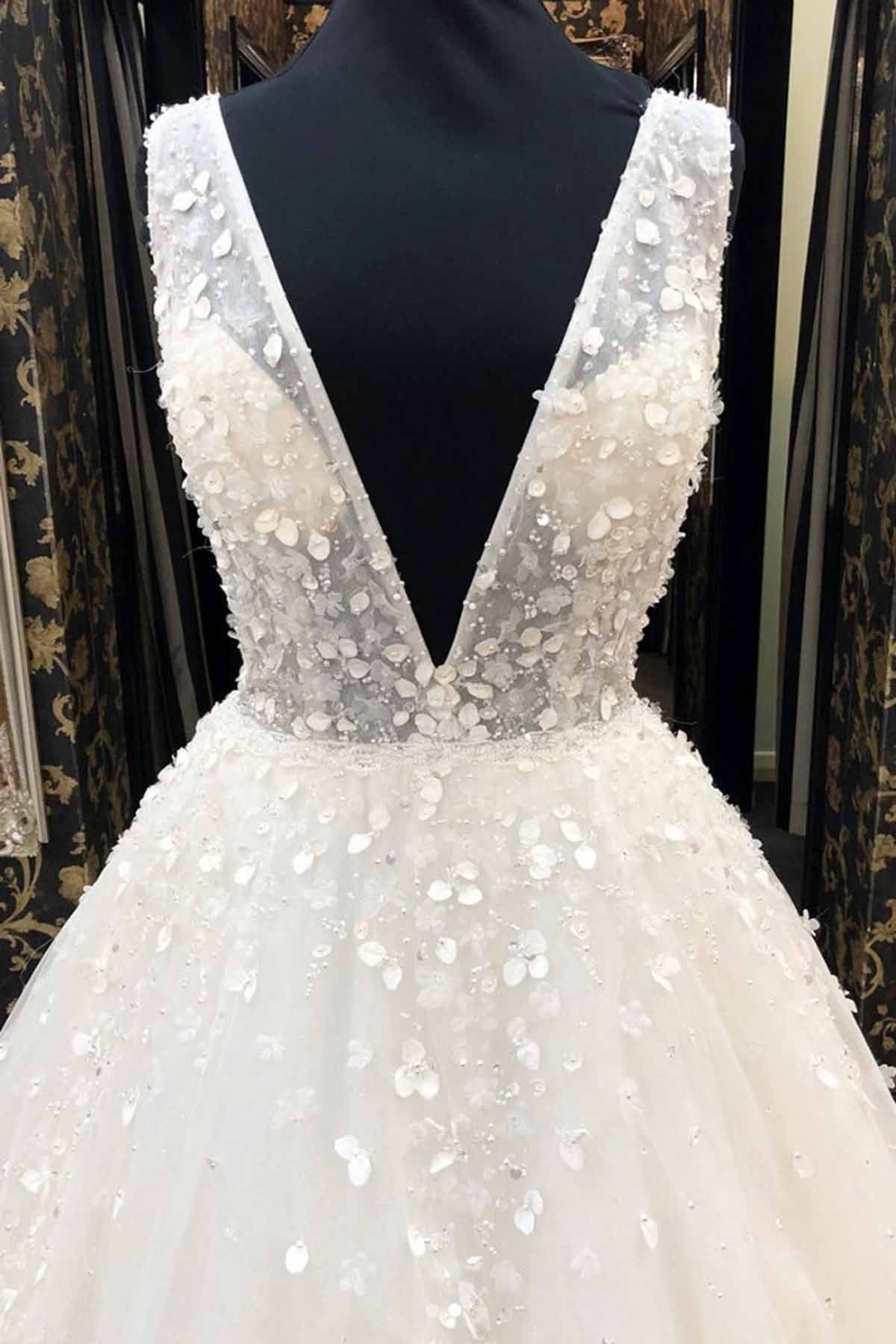 White Tulle V Neck Long A-Line Tulle Wedding Dress