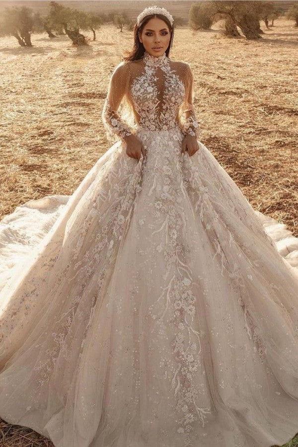 Gorgeous Long A-Line High Neck Appliques Lace Tulle Wedding Dress with Long Sleeve