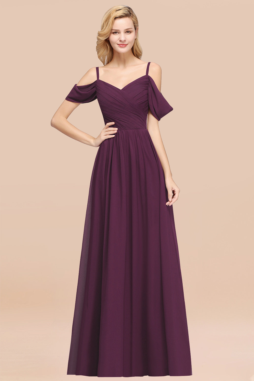 A-Line Chiffon V-Neck Spaghetti Straps Short Sleeves Floor Length Bridesmaid Dresses with Ruffles