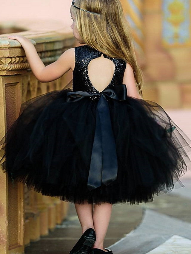 Short Black Ball Gown Sequin Tulle Sleeveless Jewel Neck Girl Party Dresses