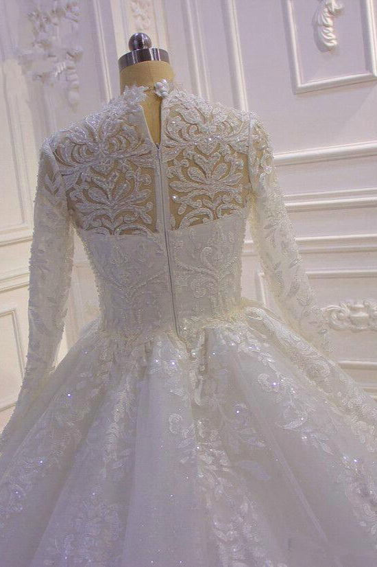 Long High Neck Appliques Lace Ball Gown Ruffles Wedding Dress with Long Sleeve