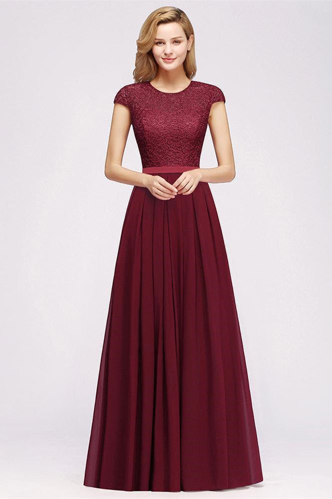 Burgundy Long A-line Chiffon Lace Bridesmaid Dresses