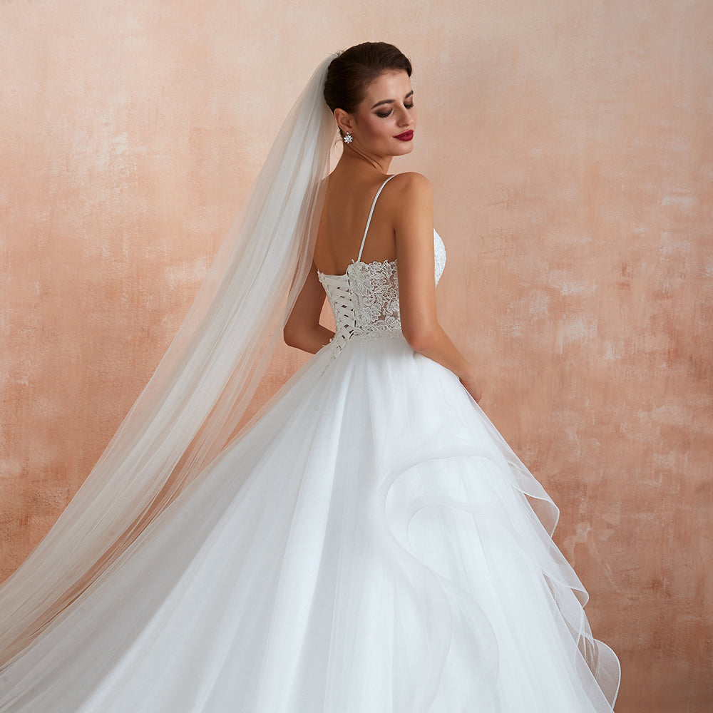 Long Sweetheart Appliques Lace Tulle A-line Wedding Dress