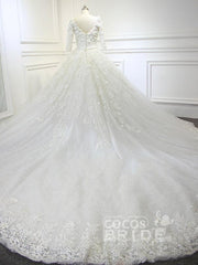 Luxury V Neck Half Sleeves Tulle Lace Ball Gown Wedding Dresses