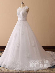 Elegant Long Cap Sleeves Lace Ball Gown Wedding Dresses