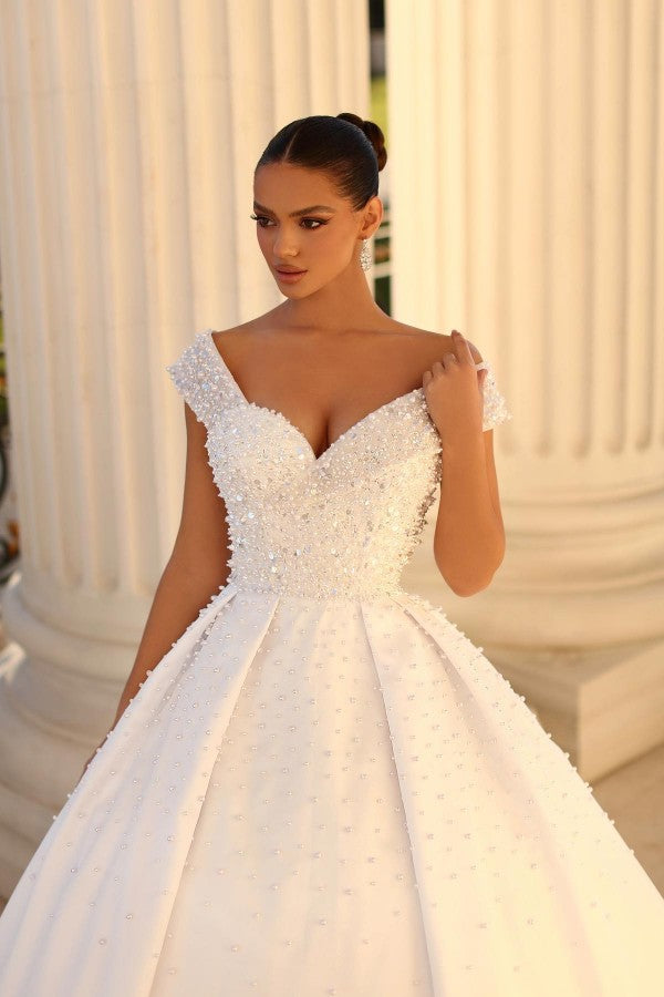 Elegant Long Ball Gown Off the Shoulder Satin Backless Wedding Dresses