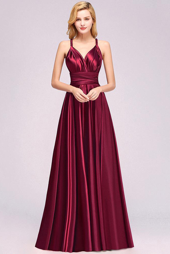 Simple A-Line V-Neck Sleeveless Ruffles Floor Length Bridesmaid Dress