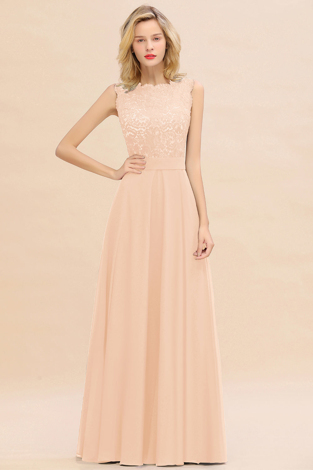 Long A-line Chiffon Lace Sleeveless Bridesmaid Dresses