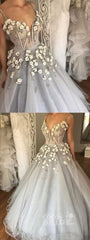 Sexy Long Straps Ball Gown Appliqued Deep V-neck Wedding Dress