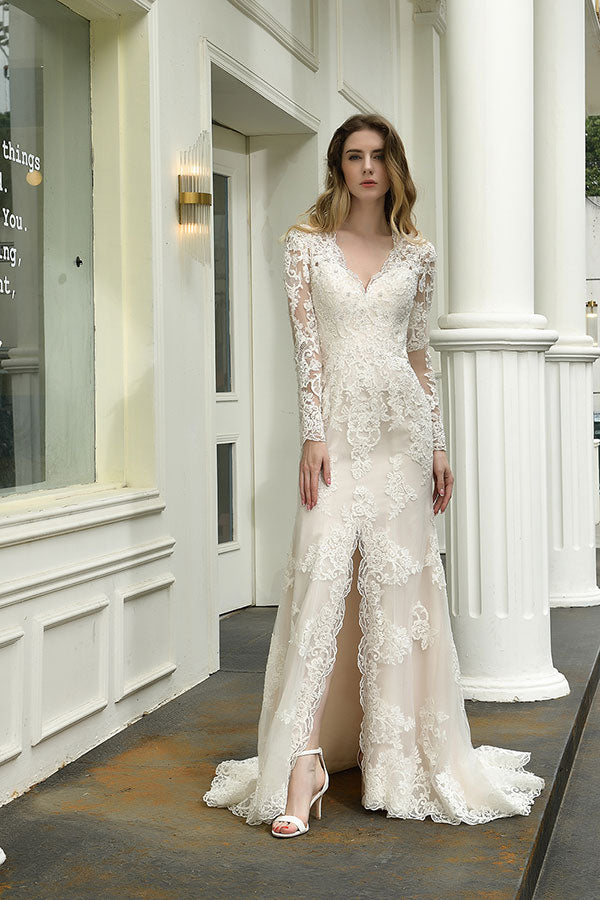 Elegant V-Neck Long Sleeve Satin Lace Mermaid Wedding Dress