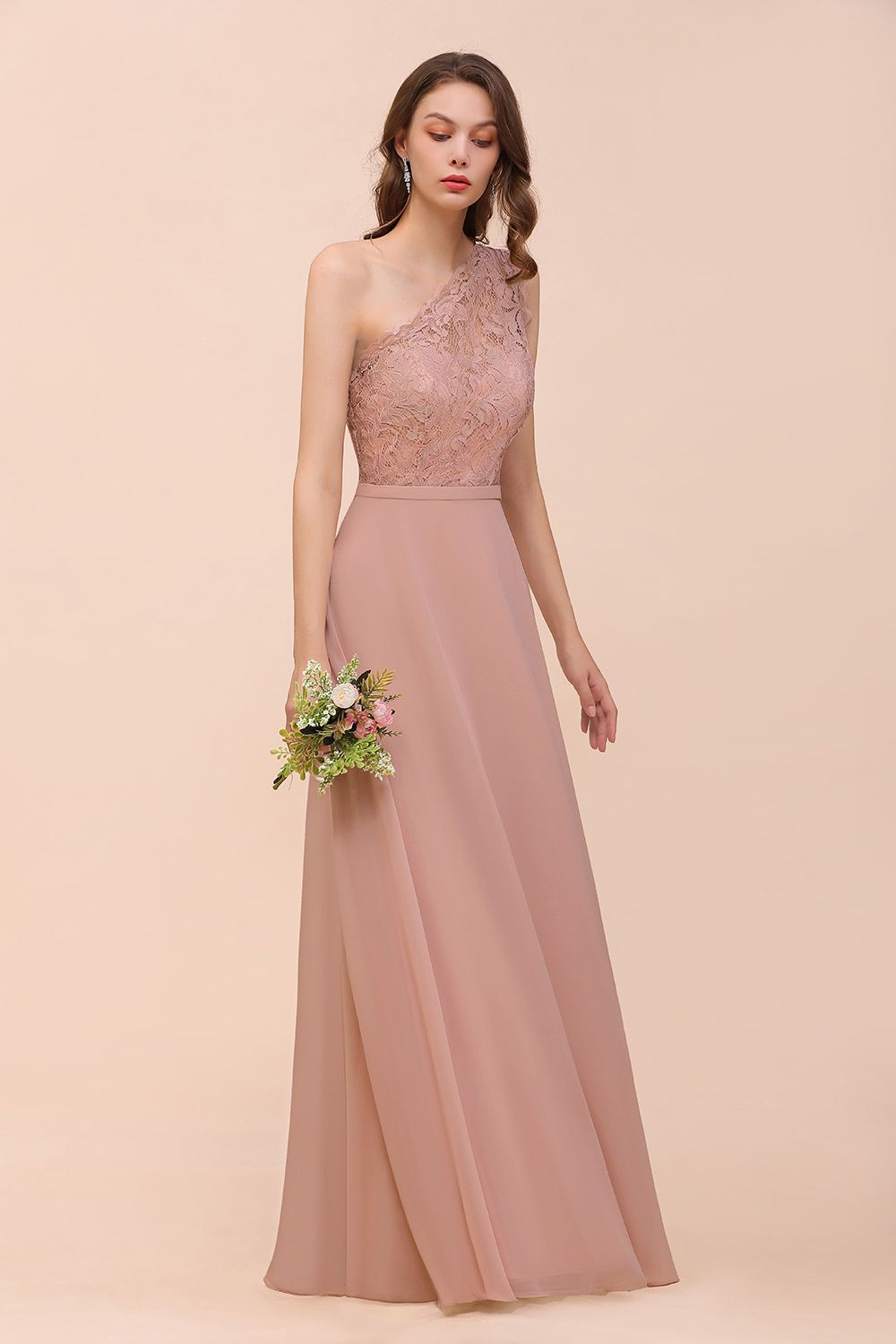 Classy One Shoulder Appliques Lace Floor Length A-Line Chiffon Bridesmaid Dress