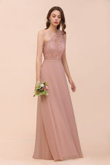 Classy One Shoulder Appliques Lace Floor Length A-Line Chiffon Bridesmaid Dress