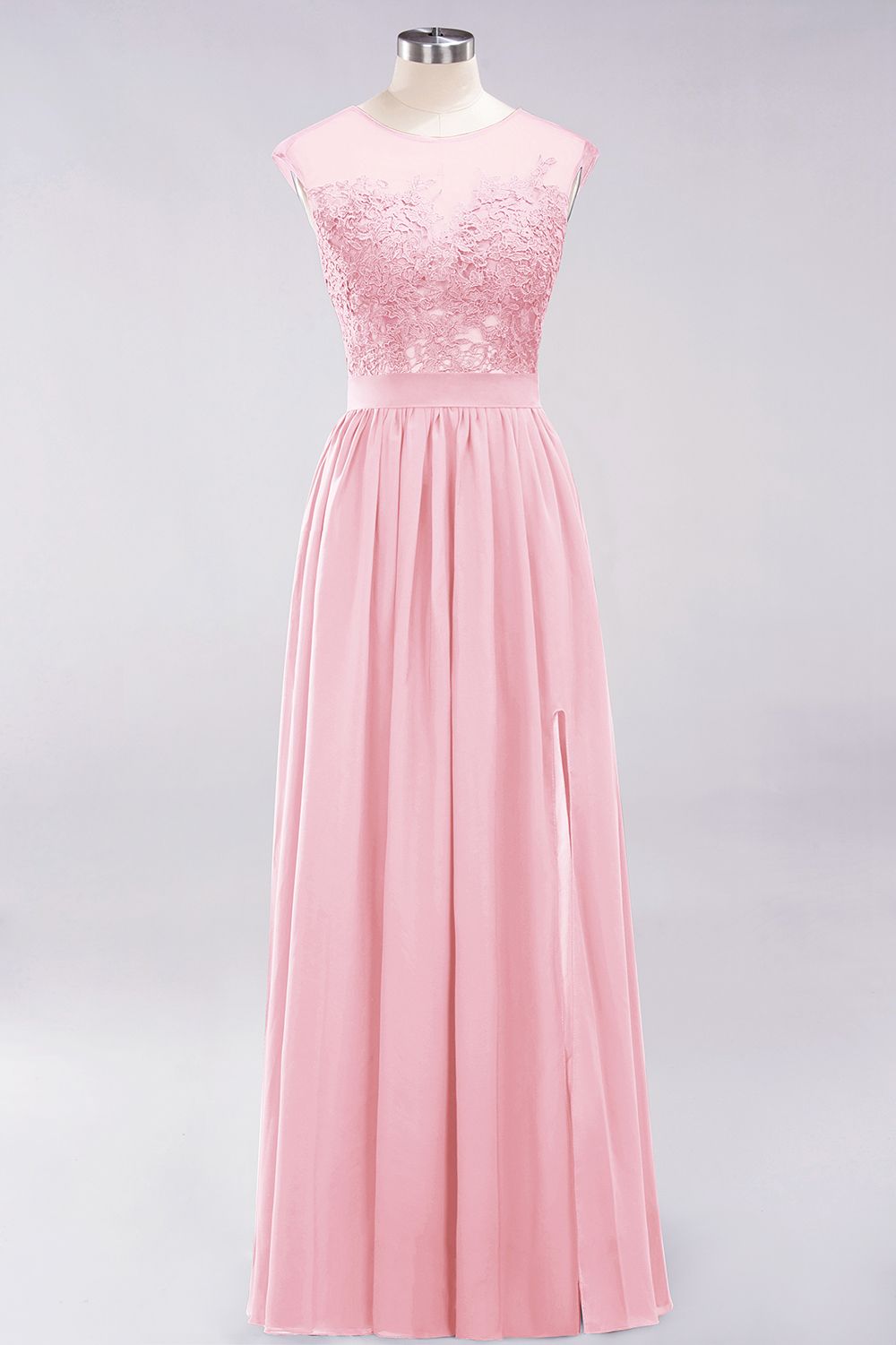A-line Chiffon Lace Jewel Sleeveless Floor Length Bridesmaid Dresses with Appliques