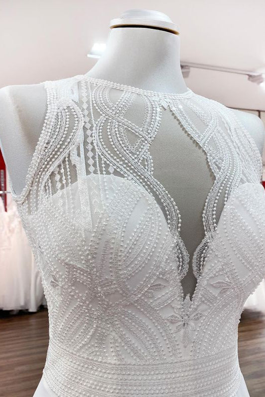 Modest Long A-line Chiffon Jewel Ruffles Appliques Open Back Wedding Dress