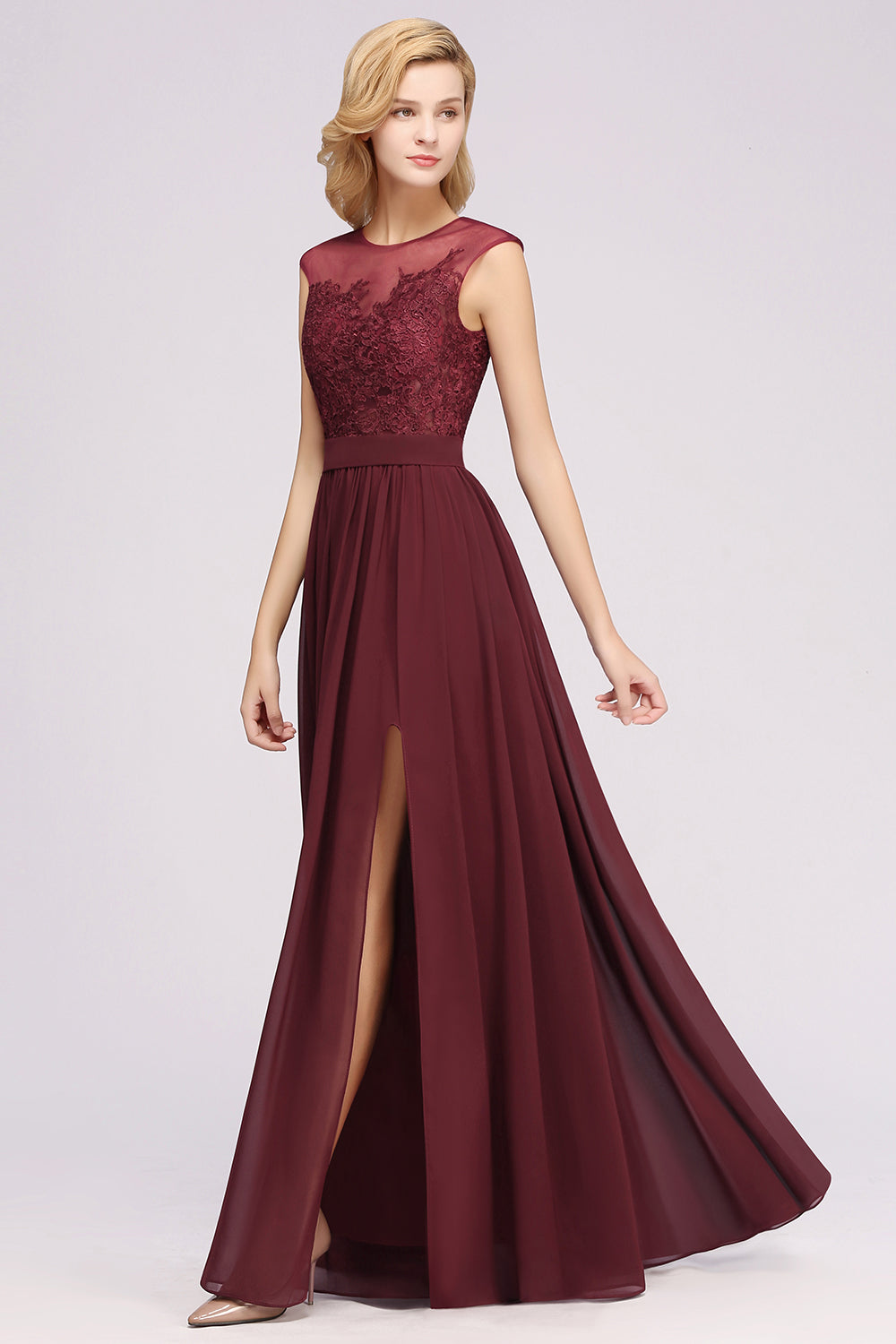 A-line Chiffon Lace Jewel Sleeveless Floor Length Bridesmaid Dresses with Appliques