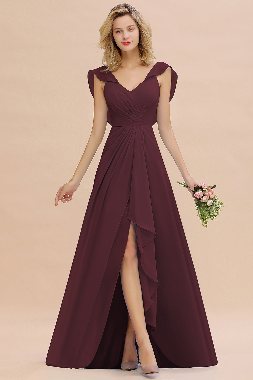Simple High Low A-line V-Neck Ruffles Chiffon Bridesmaid Dress