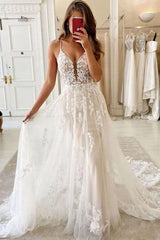Beautiful Long Spaghetti Straps A-Line Tulle Appliques Lace Floor Length Prom Dress