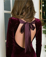 Vintage Long Mermaid Jewel Velvet Bow Open Back Formal Evening Dress with Sleeves