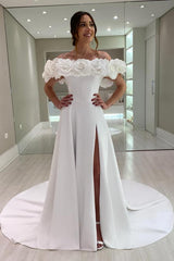 Long A-line Off the Shoulder Satin Flower Wedding Dresses with Slit