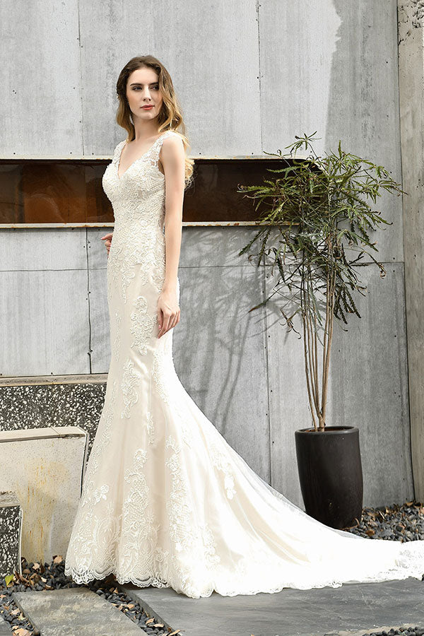 Elegant Long V-neck Mermaid Satin Lace Open Back Wedding Dress