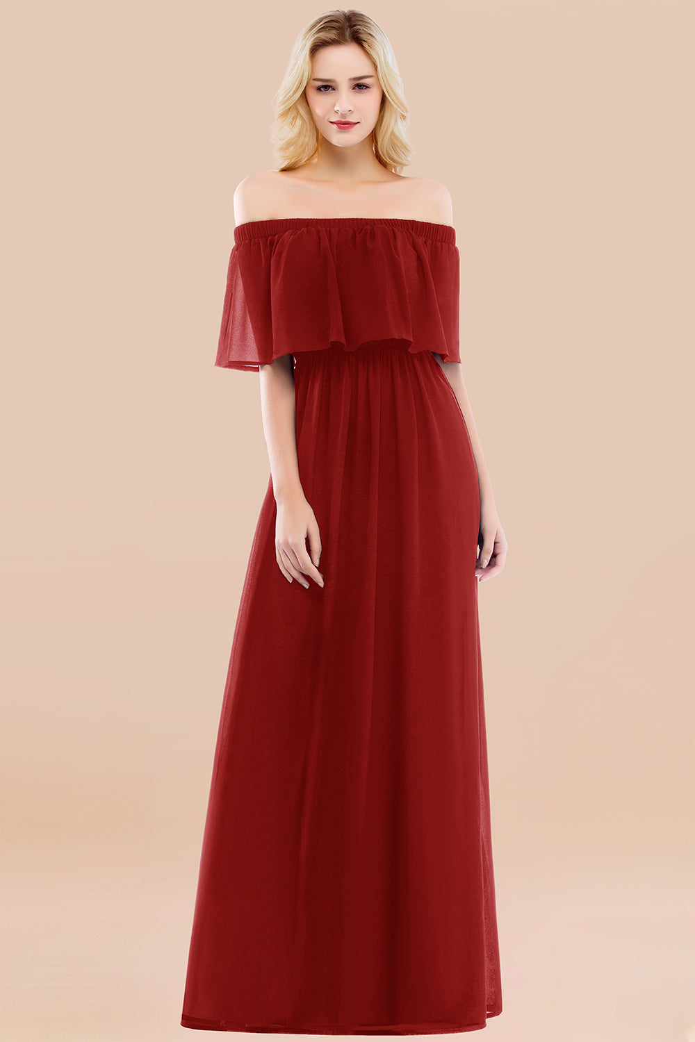 A-line Chiffon Off the Shoulder Short Sleeves Ruffles Floor Length Bridesmaid Dress