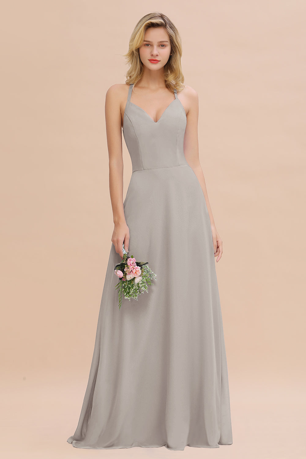 Stylish Chiffon Spaghetti Straps Sleeveless Long Bridesmaid Dress