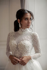 Elegant High Neck Long Sleeves Lace Chapel Train Wedding Dress