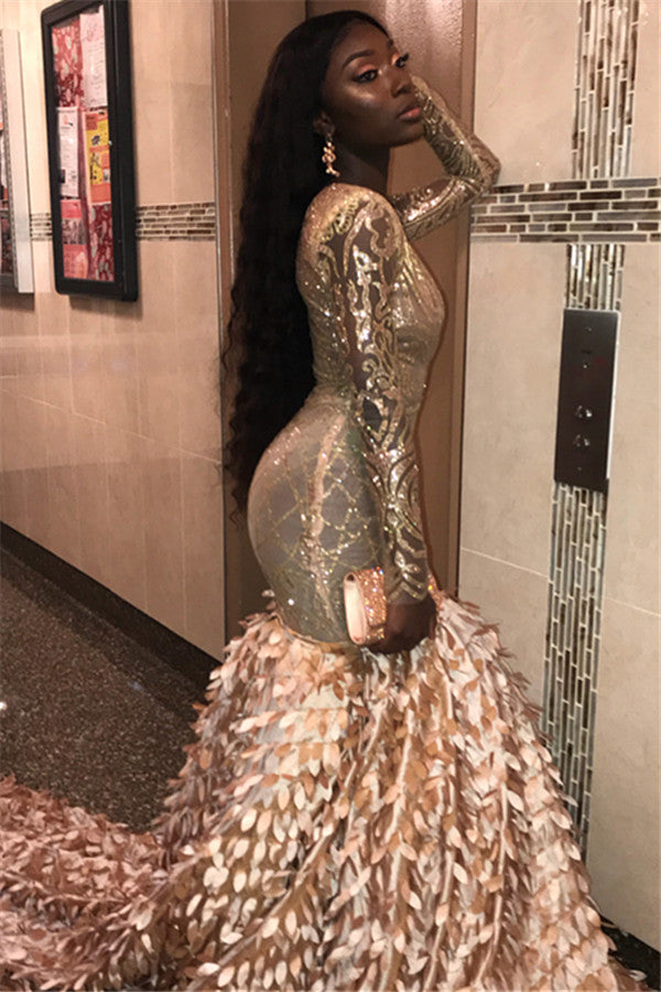 Long V-neck Appliques Lace Mermaid Prom Dress with Sleeves