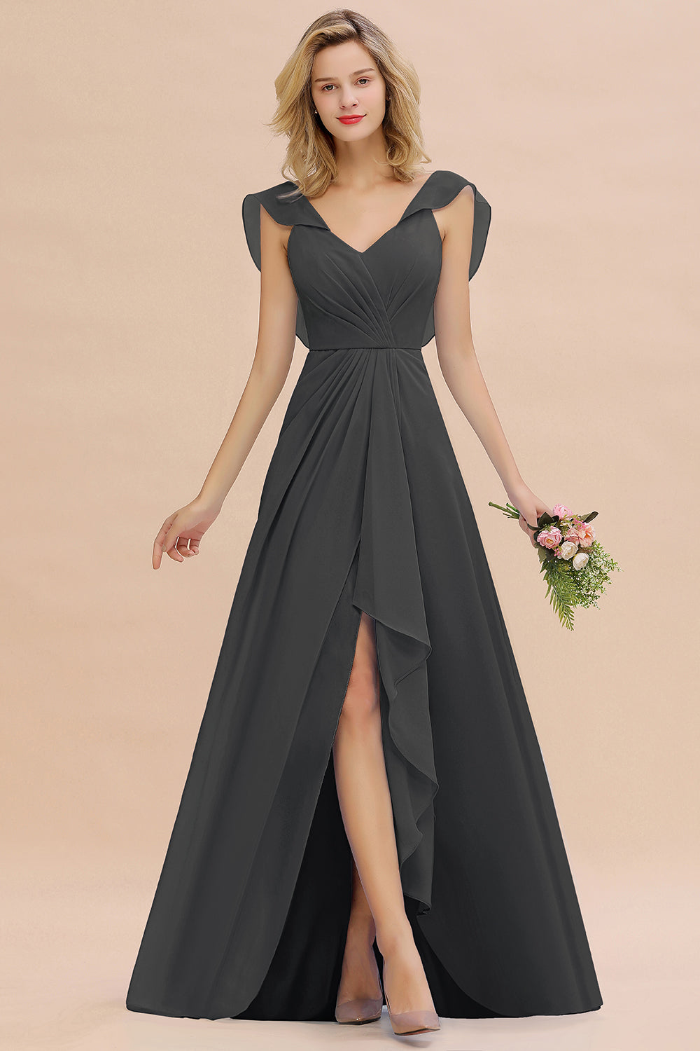 Simple High Low A-line V-Neck Ruffles Chiffon Bridesmaid Dress