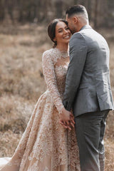 Charming Champagne Long A-line High Neck Tulle Lace Wedding Dresses with Sleeves