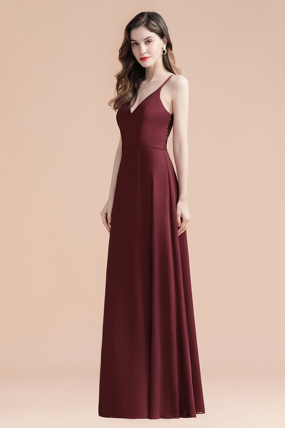 Elegant Spaghetti Straps V-Neck Chiffon Burgundy Long Bridesmaid Dress