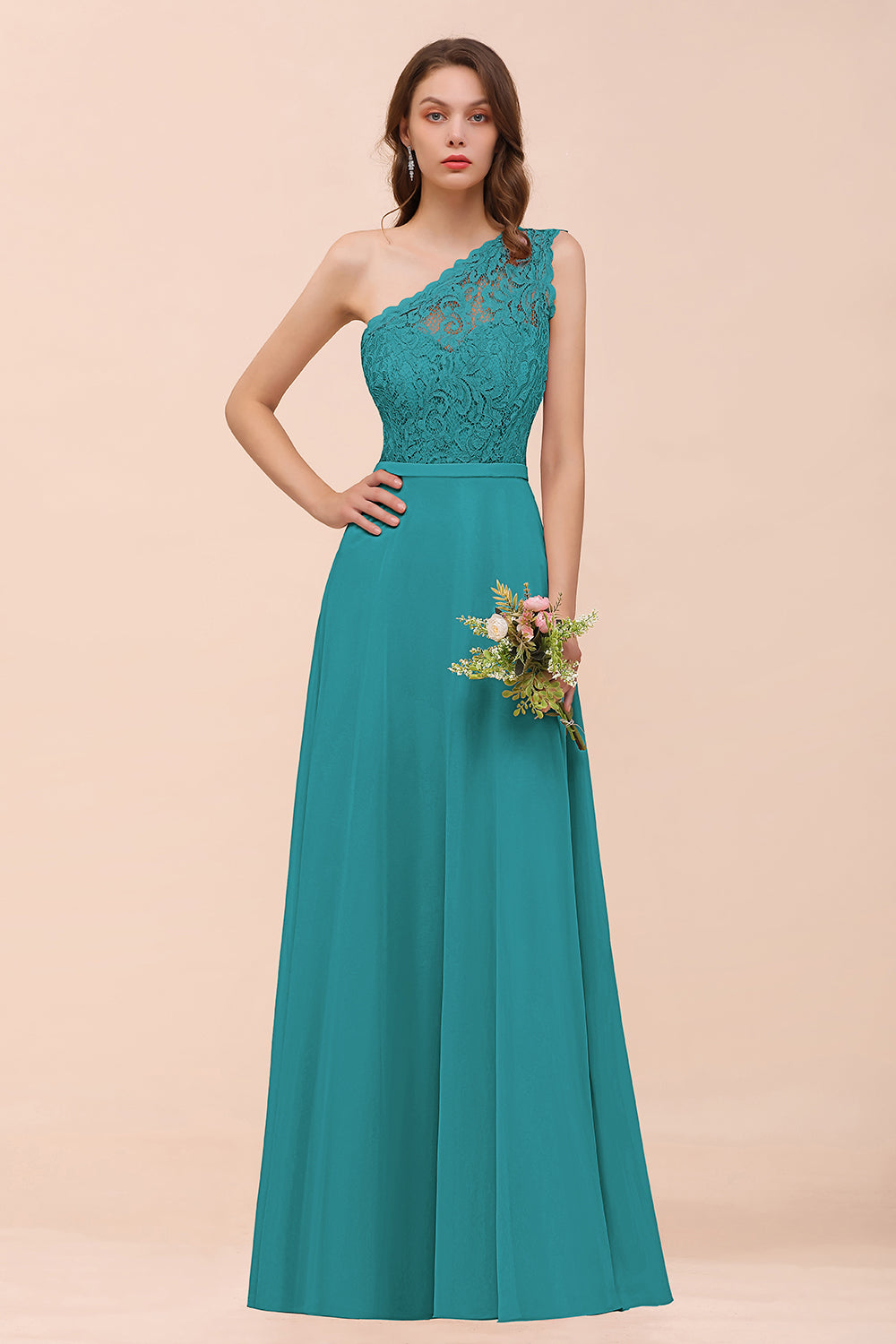 Classy One Shoulder Appliques Lace Floor Length A-Line Chiffon Bridesmaid Dress