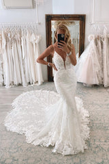 Modest Long Mermaid V-neck Backless Lace Wedding Dresses